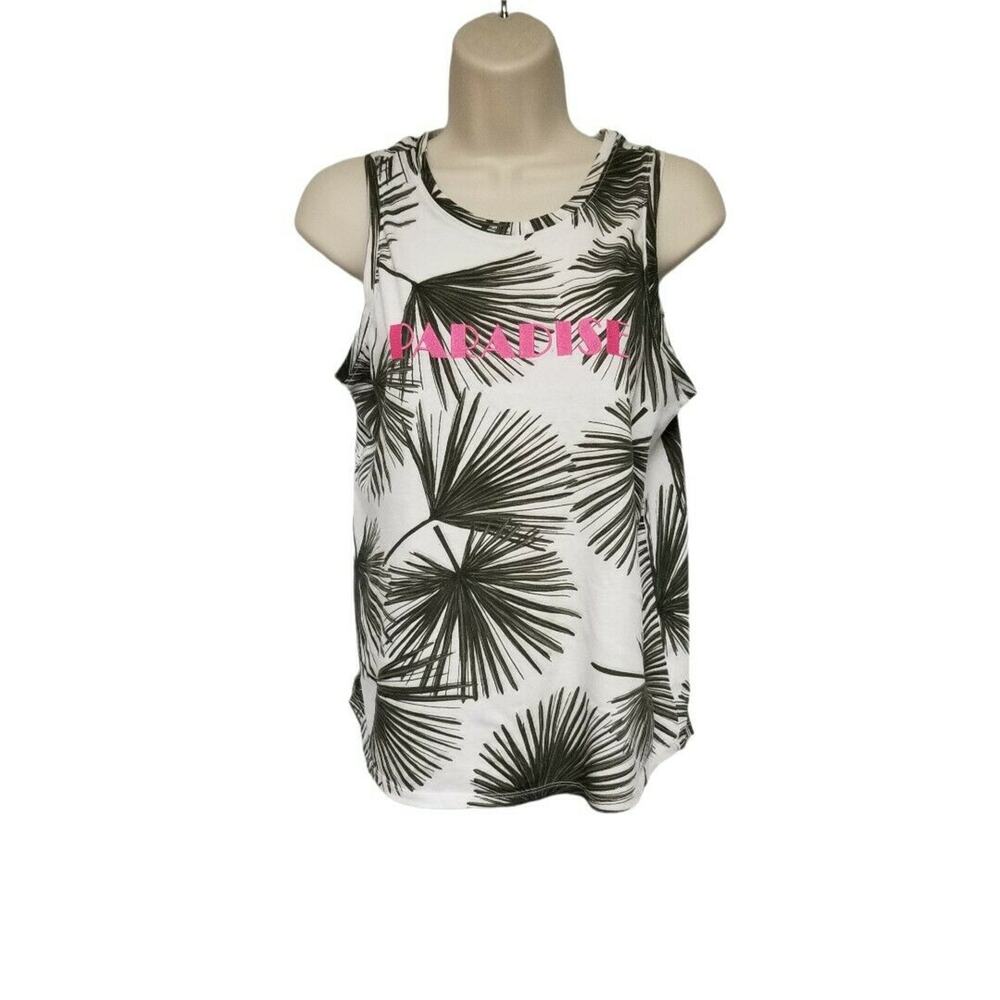 a. new day Paradise Palm Leaf Print Graphic Tank Size Small Color White & Green